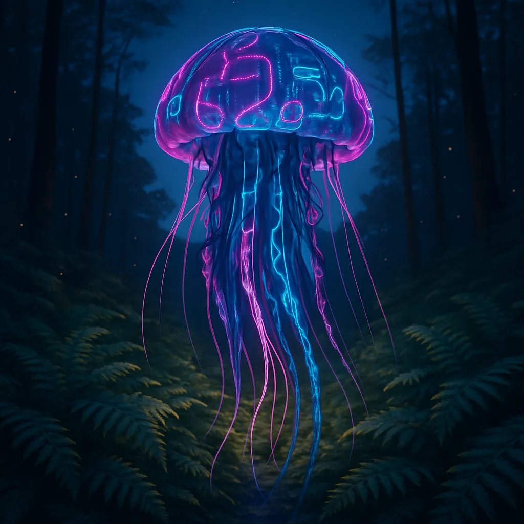Cyberpunk Jellyfish Drifts over a Sun-dappled Fern Forest Floor
