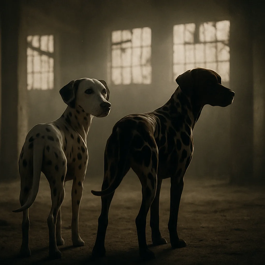 Two Dalmatians Are Dramatically Silhouetted by a Strong Backlight