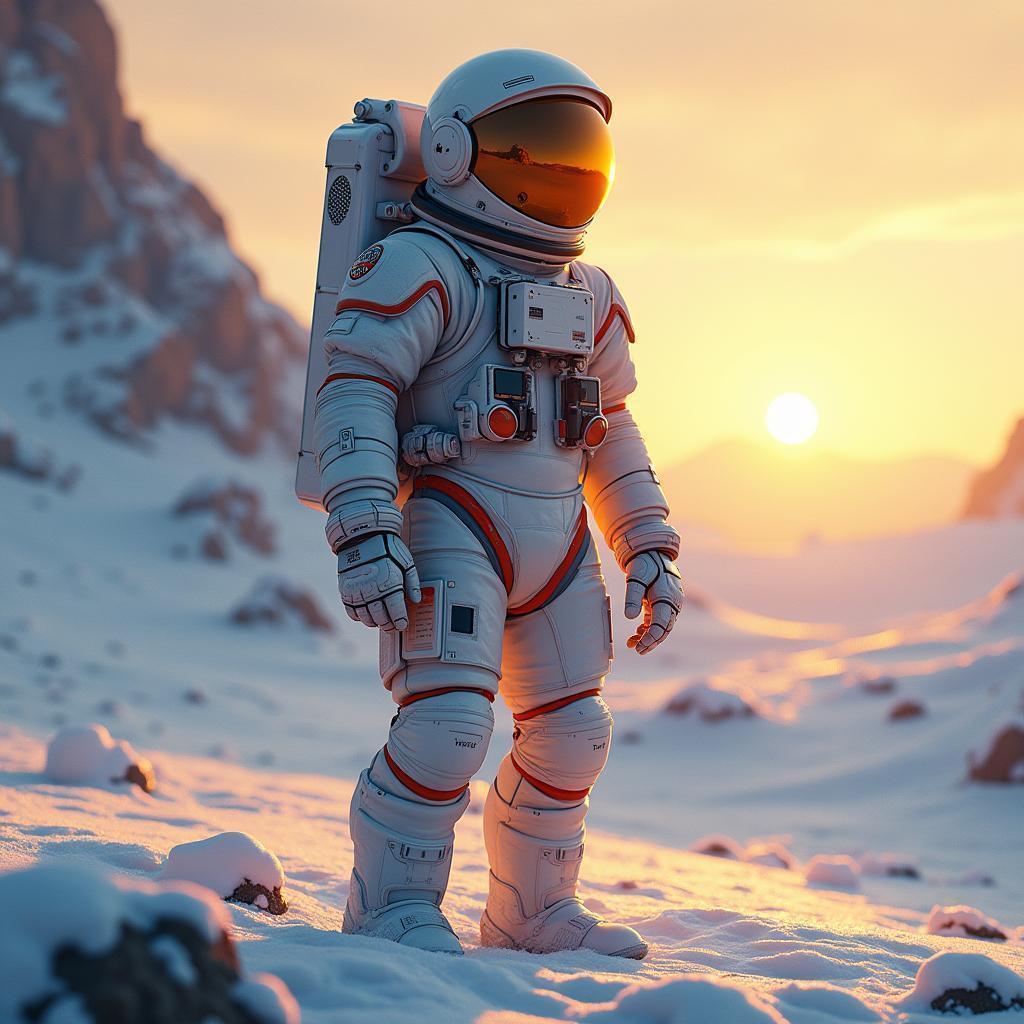 Bold Astronaut Amid Swirling Digital Snow