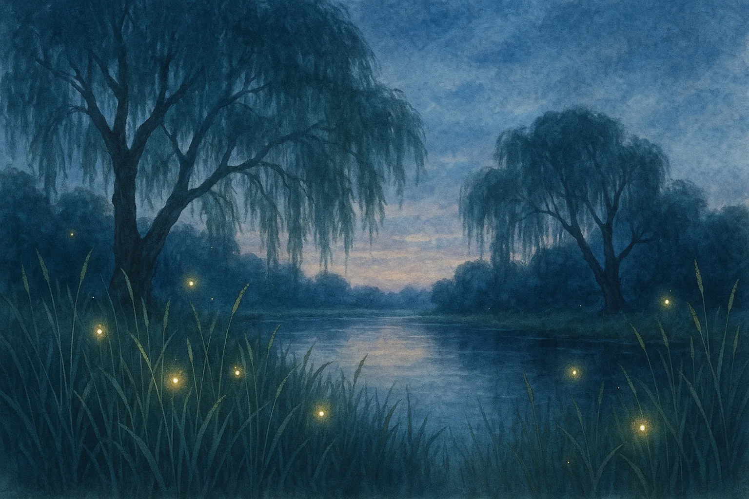 Tranquil Watercolor Artwork Portraying a Riverside at Dusk