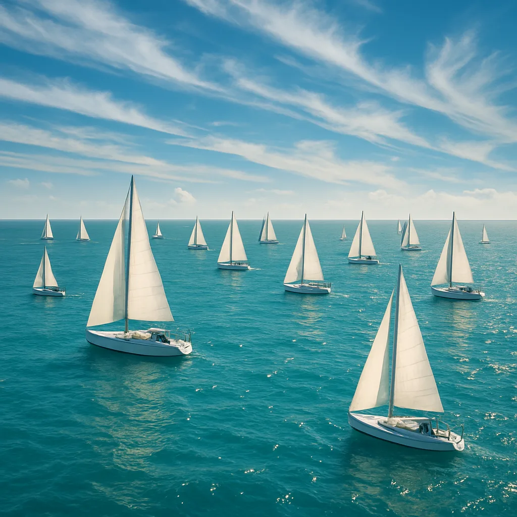 Multitude of Gleaming White Sailboats Drifts Serenely Across an Expansive