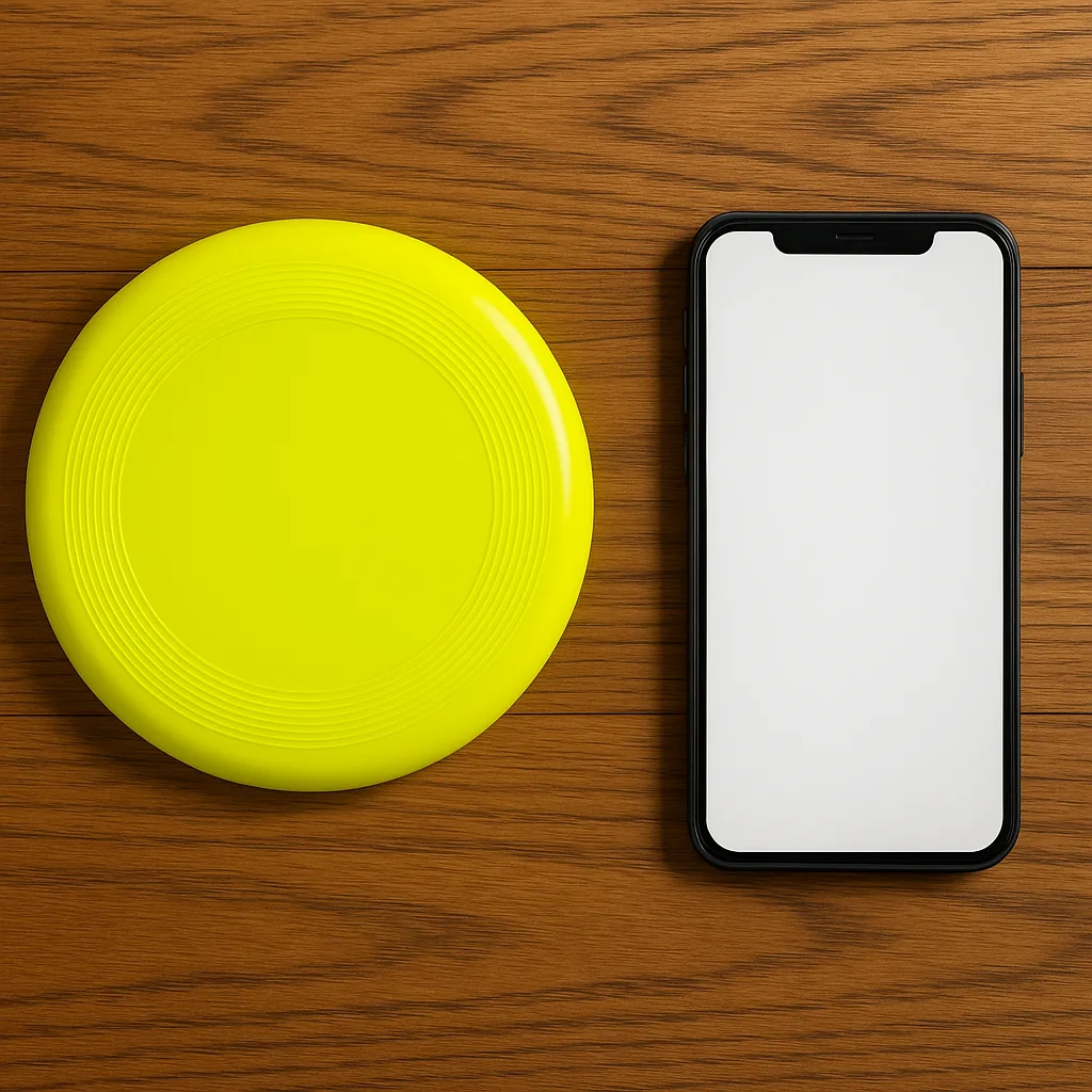 Vibrant Frisbee Placed Beside a Cellphone on a Wooden Surface