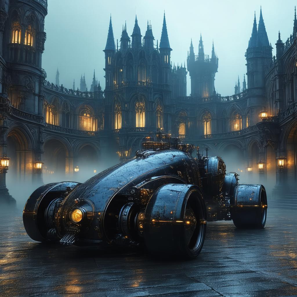 Steampunk Vehicle in a Foggy Gothic Palace
