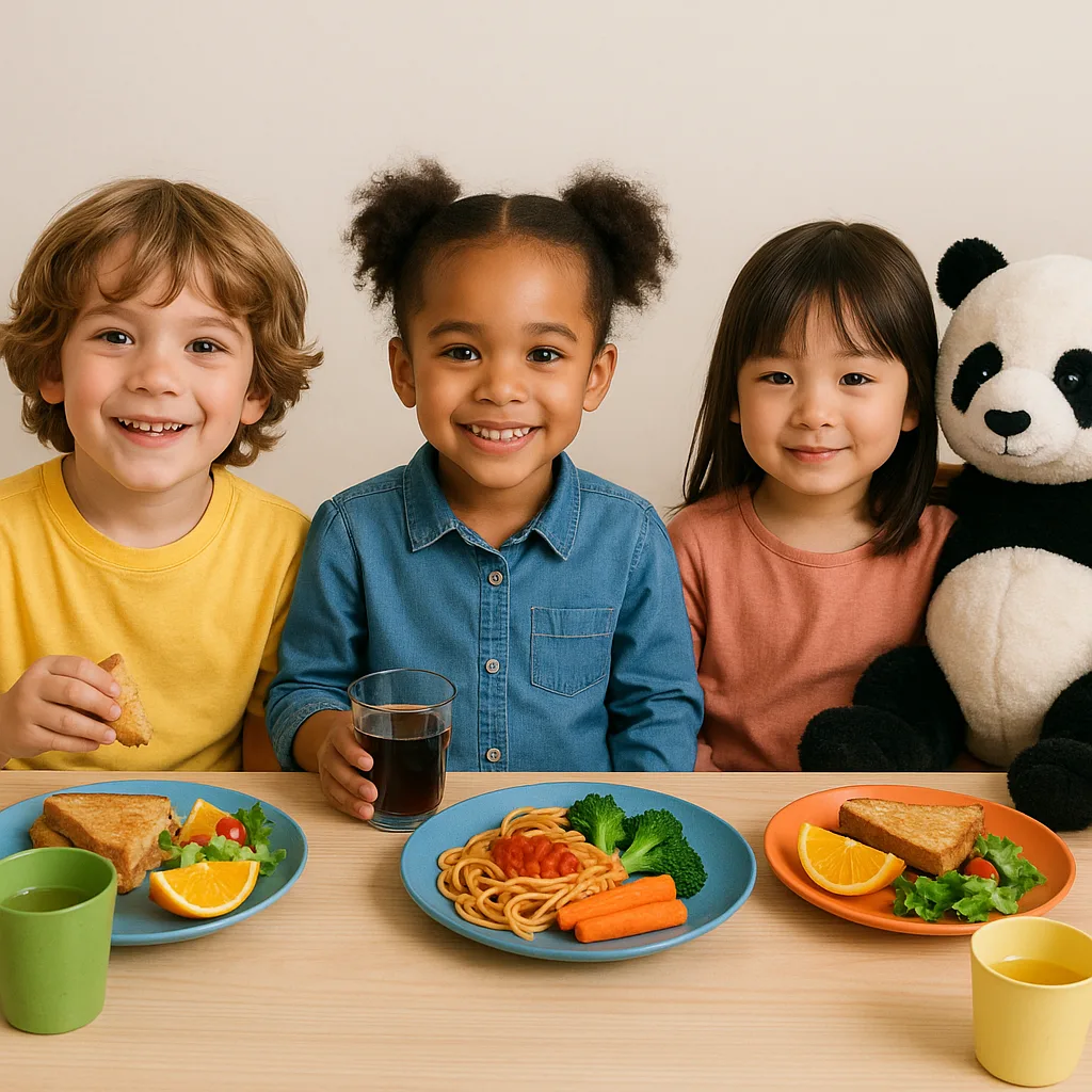Three Children Sitting at a Table with Food and Drinks