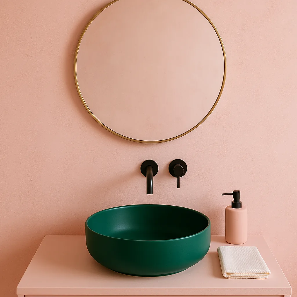 Bathroom in Pastel Pink Tones Showcasing a Circular Mirror