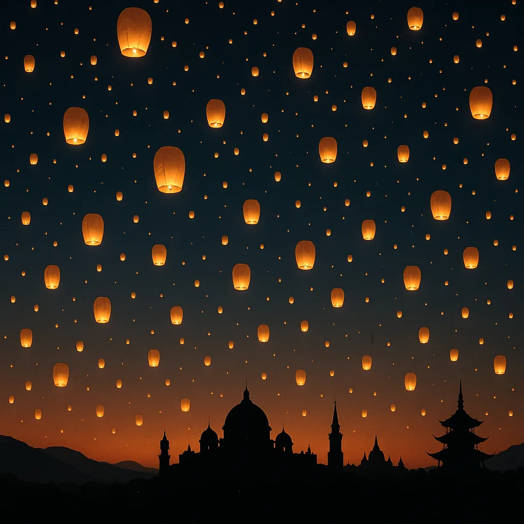 Countless Glowing Paper Lanterns Ascend into the Twilight Sky