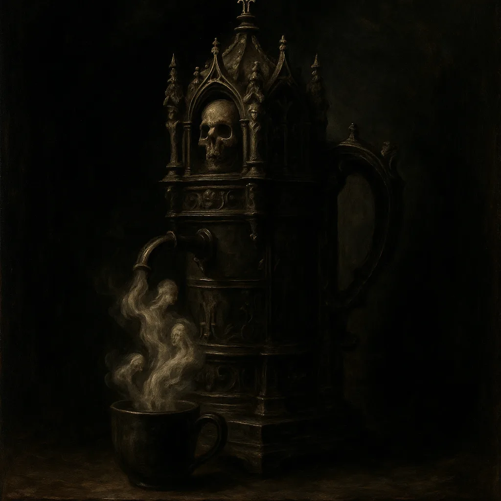Dramatic Chiaroscuro Painting Depicting a Gothic Coffee Maker That Crafts