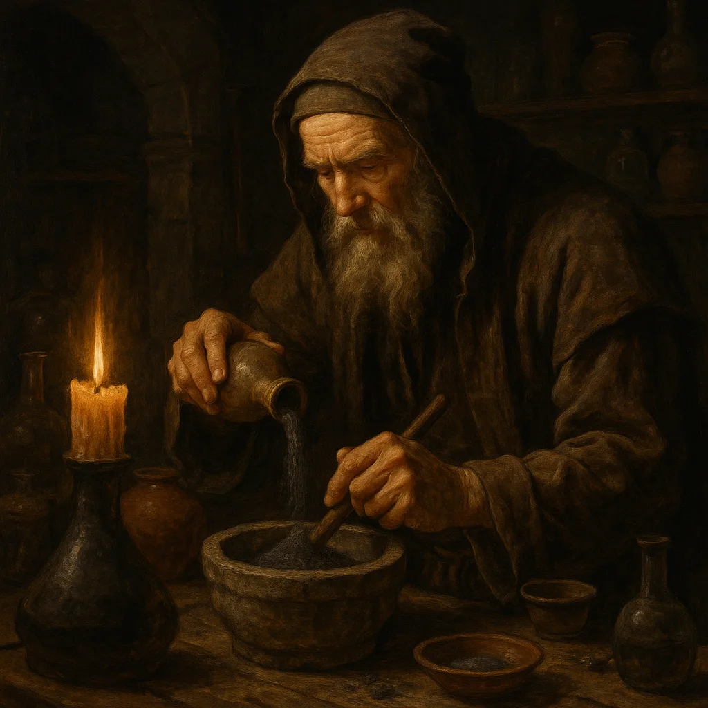 Old Alchemist Mixing Ingredients to Create Gunpowder in a Poorly