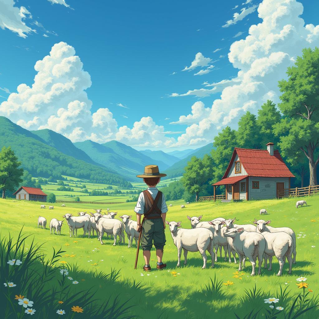 Irish Farmer Herding Sheep in Anime Countryside
