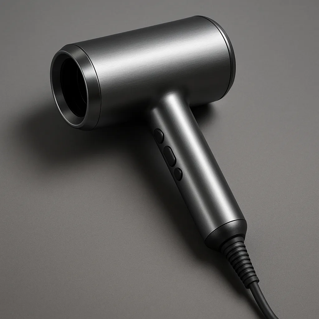 Contemporary Hair Dryer Featuring a Polished Metallic Design