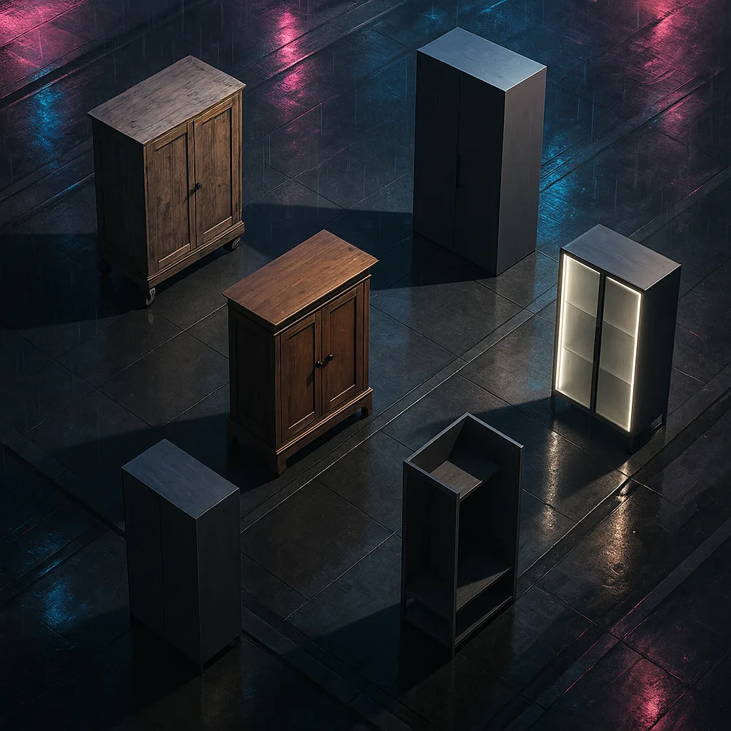 Five Wardrobes Create a Surreal Tableau Across Rain-swept Futuristic Cyberpunk