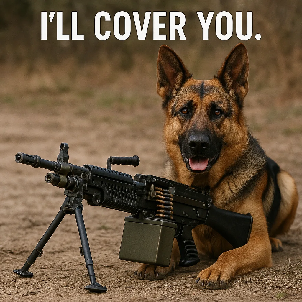 German Shepherd Positioned Next to a Machine Gun