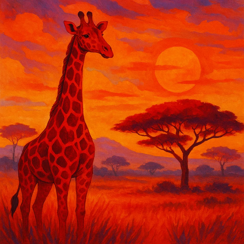Crimson-colored Giraffe in a Lively Savanna Scene During a Sunset