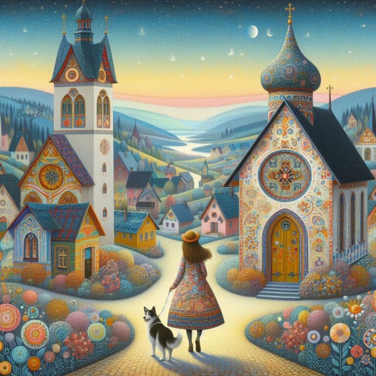 Whimsical Village Walk with Dog
