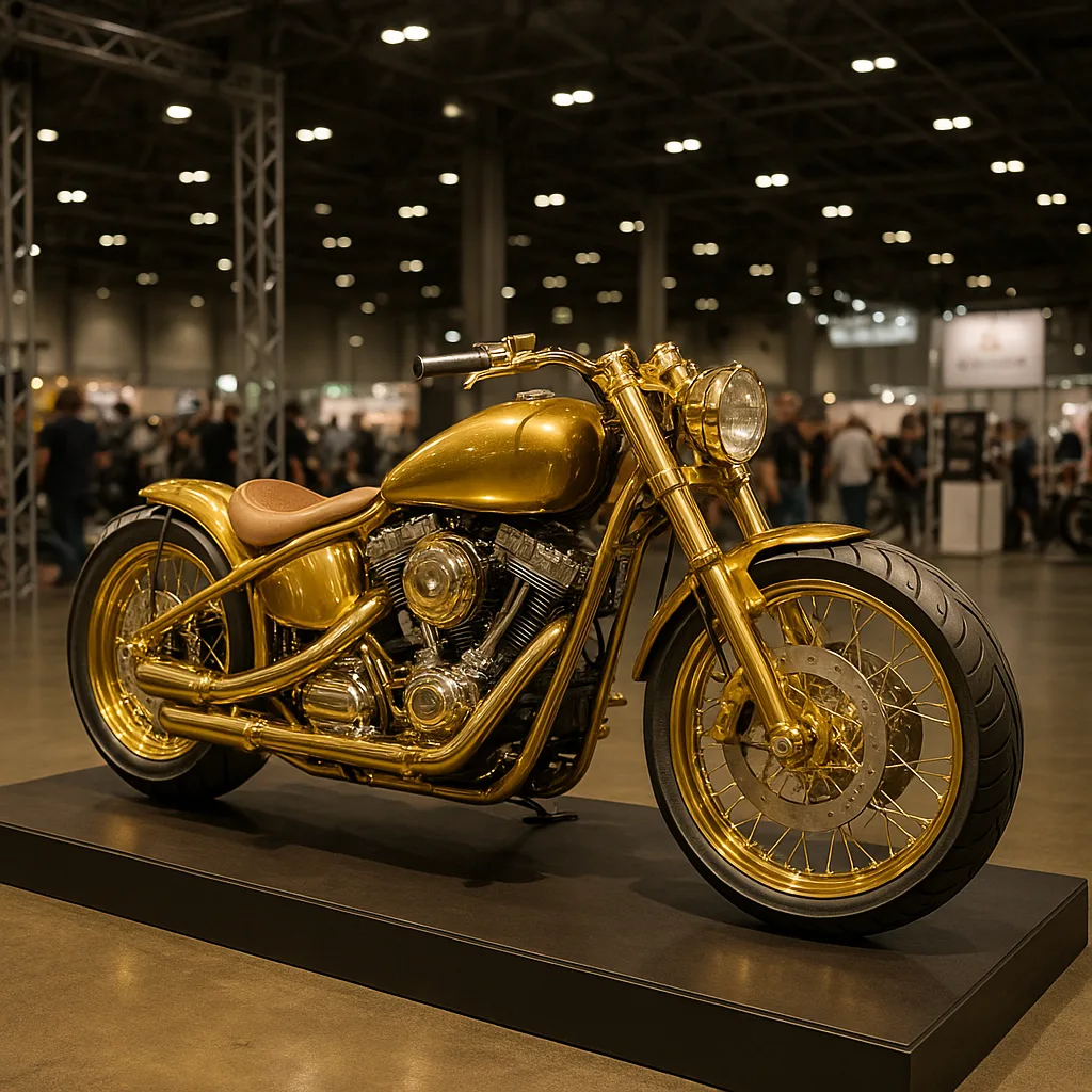 Gold-themed Custom Motorcycle Is Showcased on a Platform