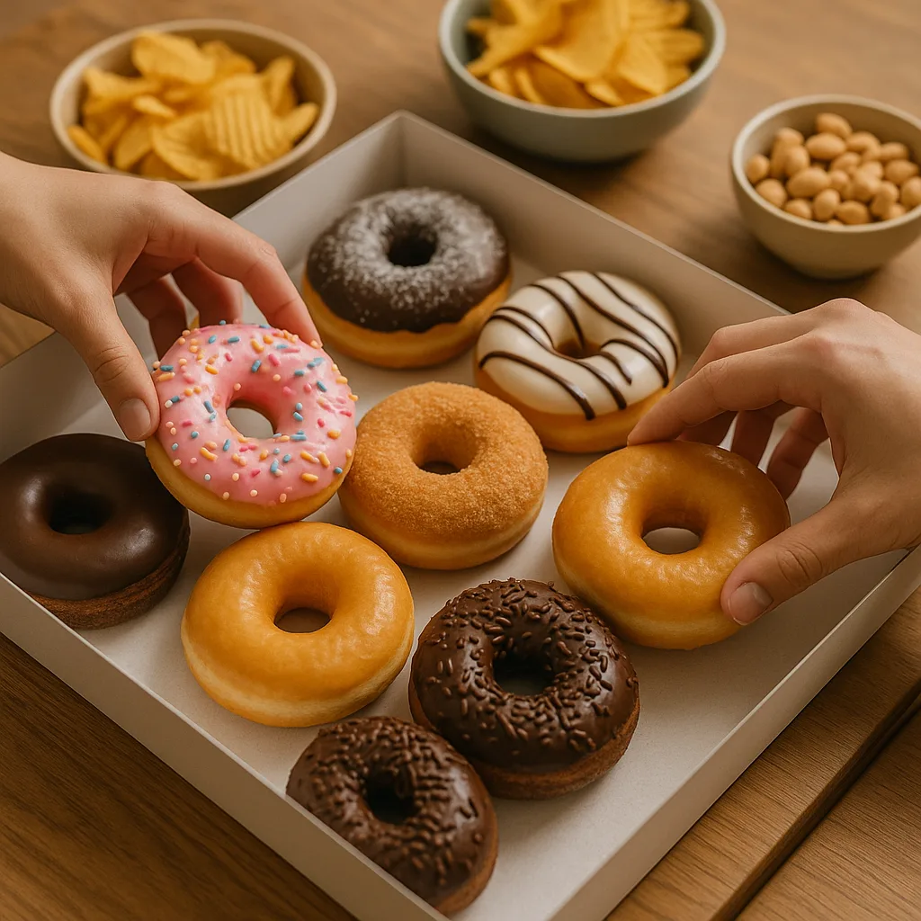 Box of Assorted Donuts Being Served on a Table