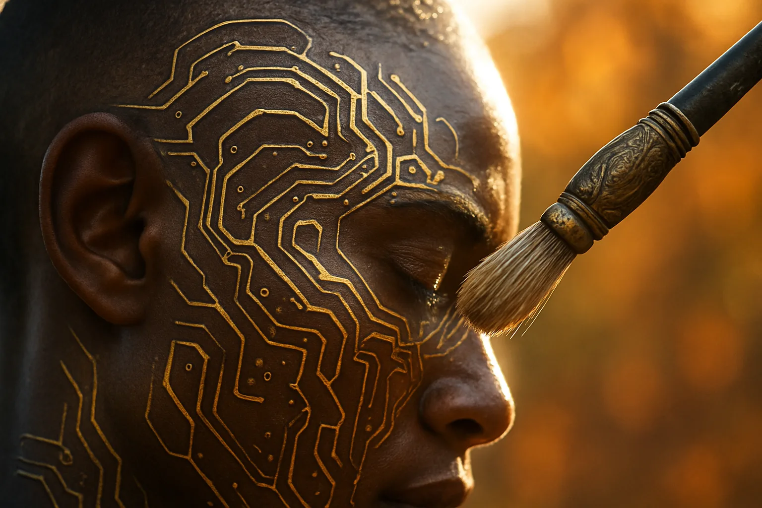 Intricate Cybernetic Circuitry Patterns Gleam on the Skin