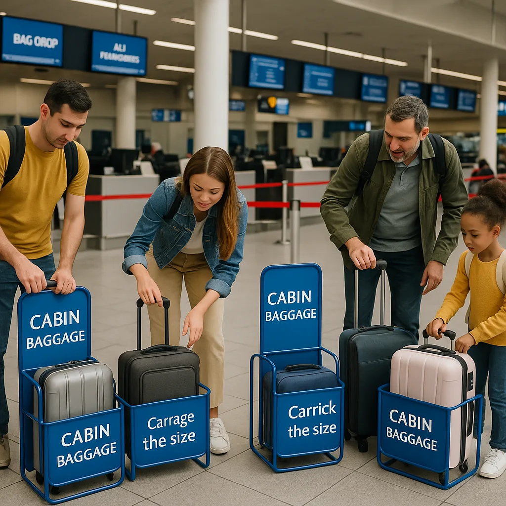 Passengers at an Airport Check-in Area Measuring Luggage Size