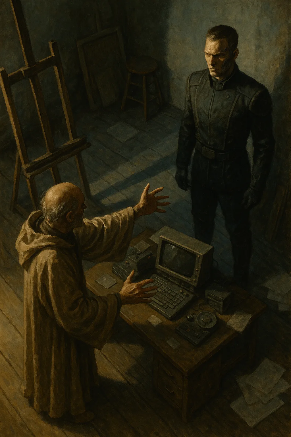 Historically Robed Figure Gestures over Retro Tech Towards a Commanding