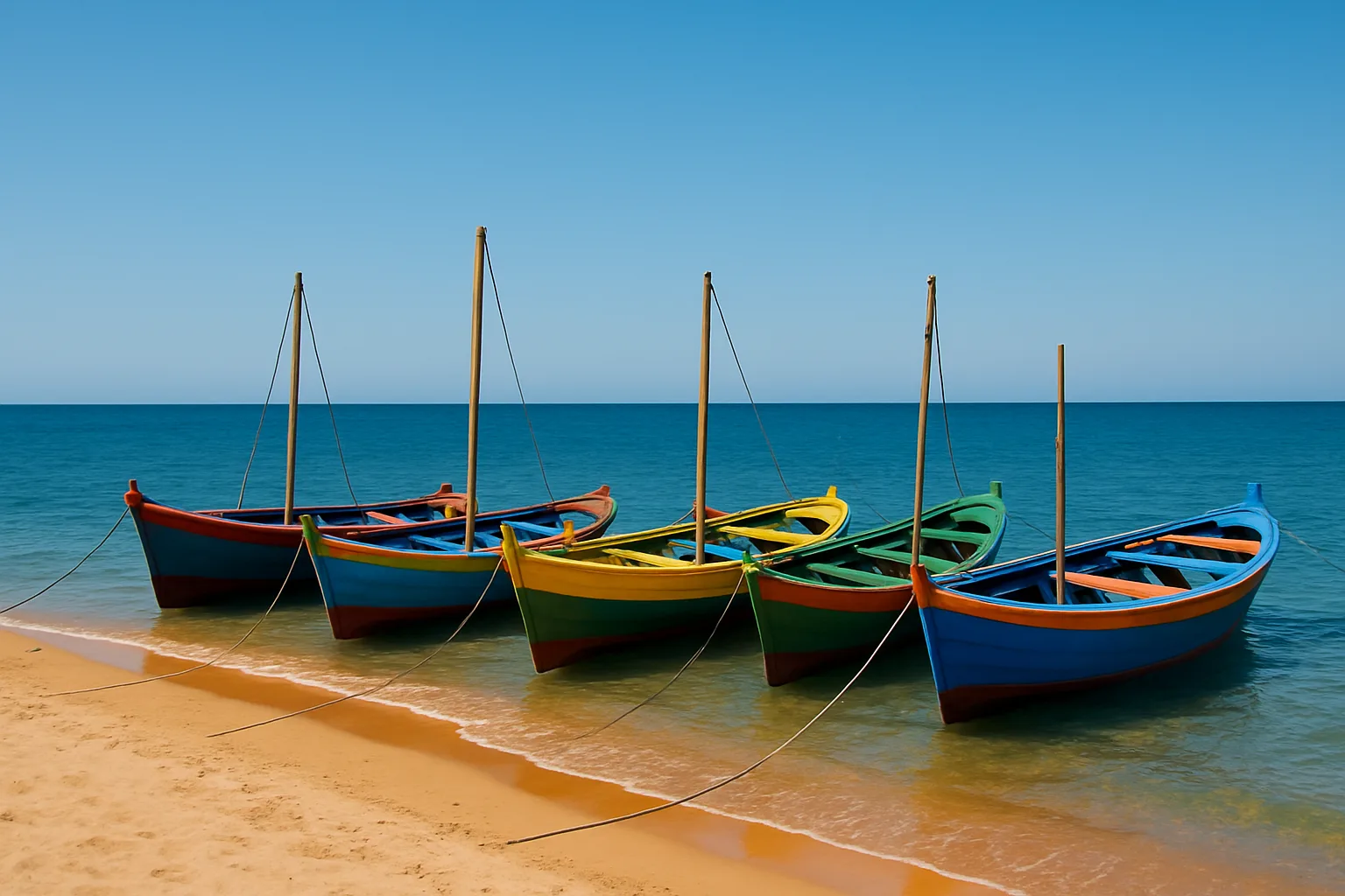 Sandy Beach Lined with Vibrant Wooden Boats