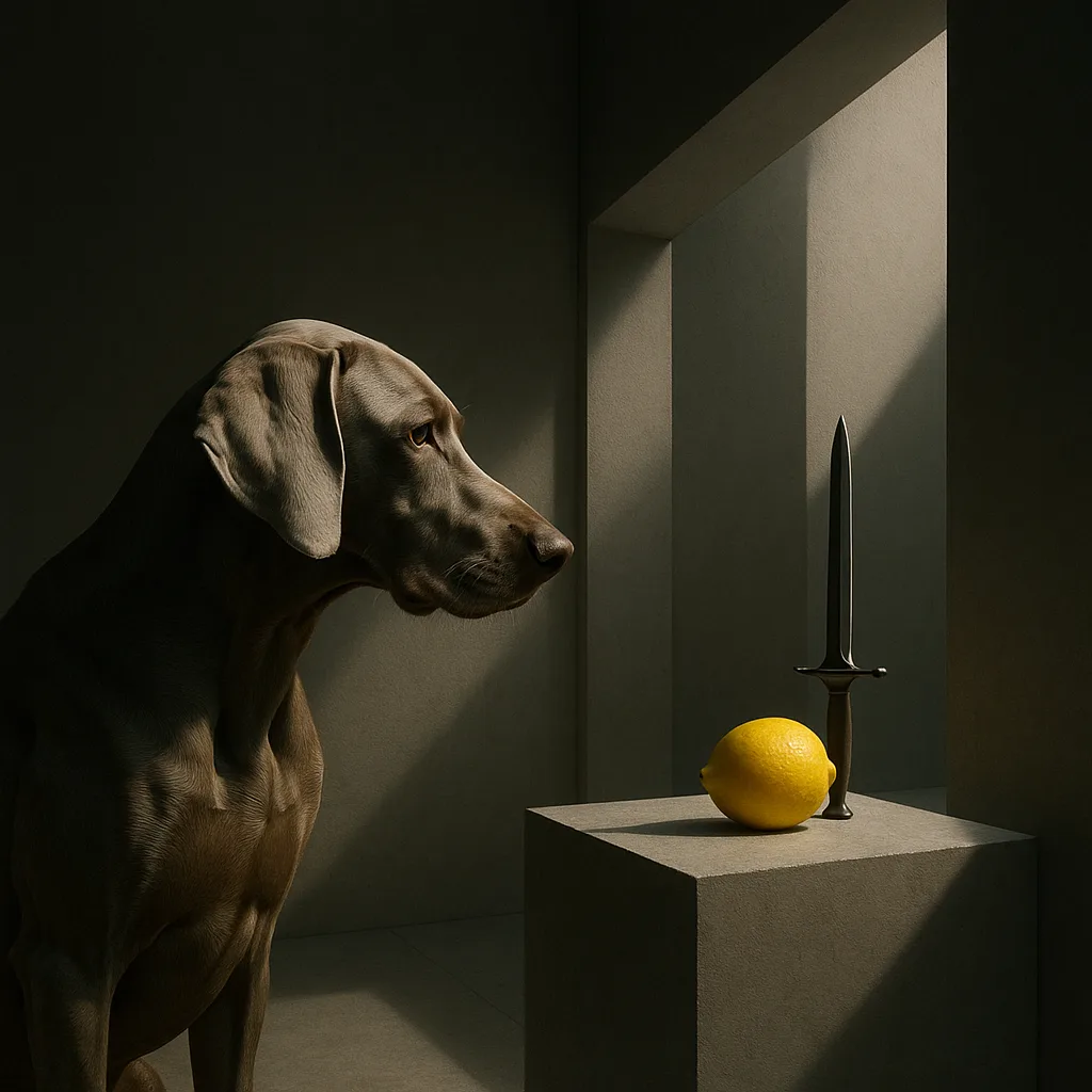 Weimaraner Regards a Surreal Tableau of a Letter Opener