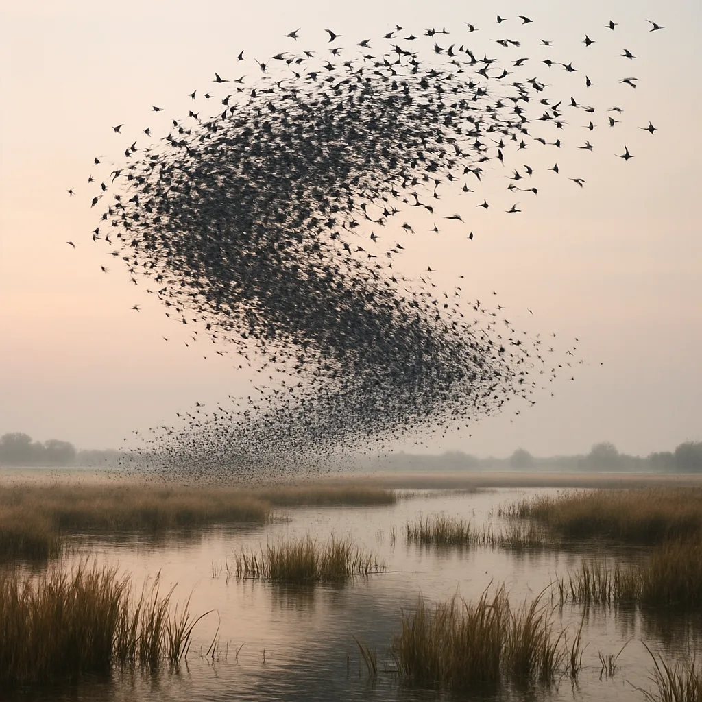 Vast Flock of Birds Erupts from a Serene Wetland