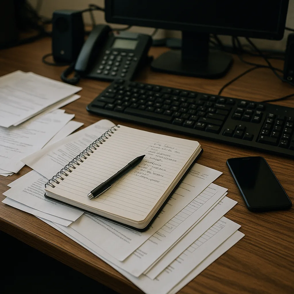 Cluttered Office Desk with a Notebook