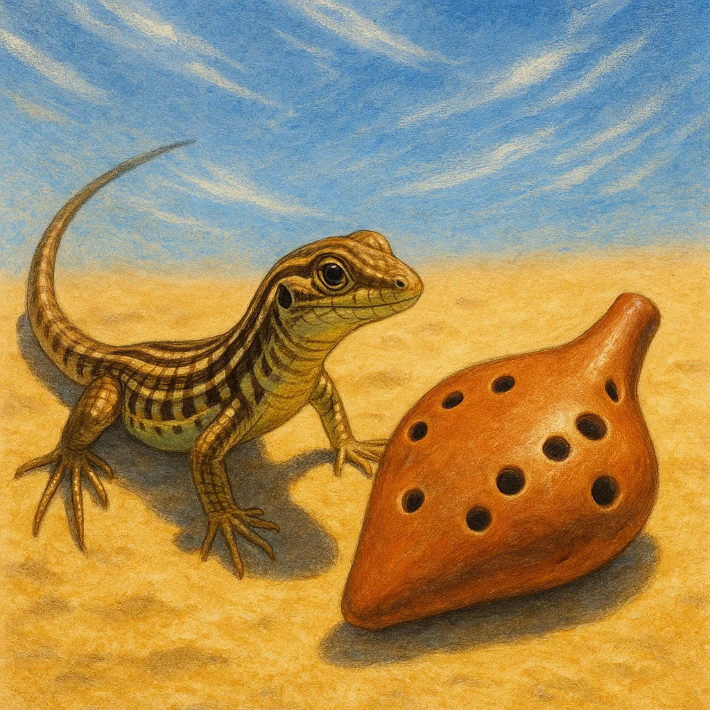Whiptail Lizard Curiously Eyes an Ocarina