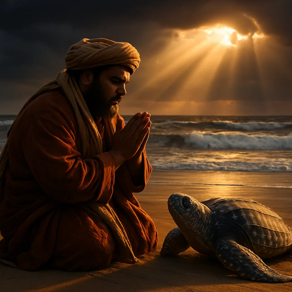 Stocky Middle Eastern Nomad in Flowing Layered Textiles Prayerfully Clasps