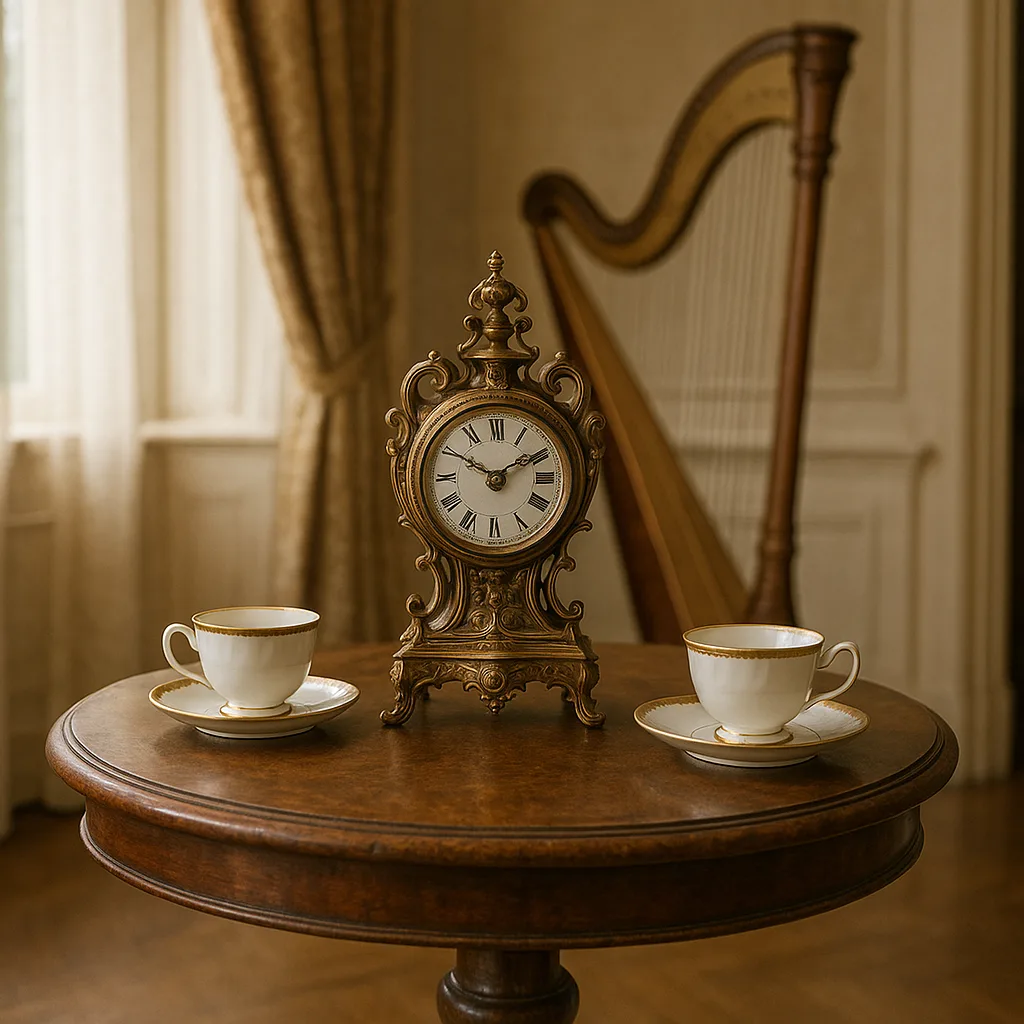 Vintage Round Wooden Table with an Ornate Antique Clock