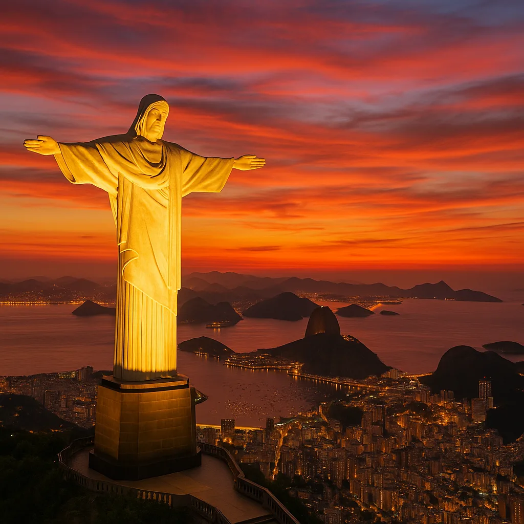 Christ the Redeemer Statue Glows Brightly While the Lively Cityscape