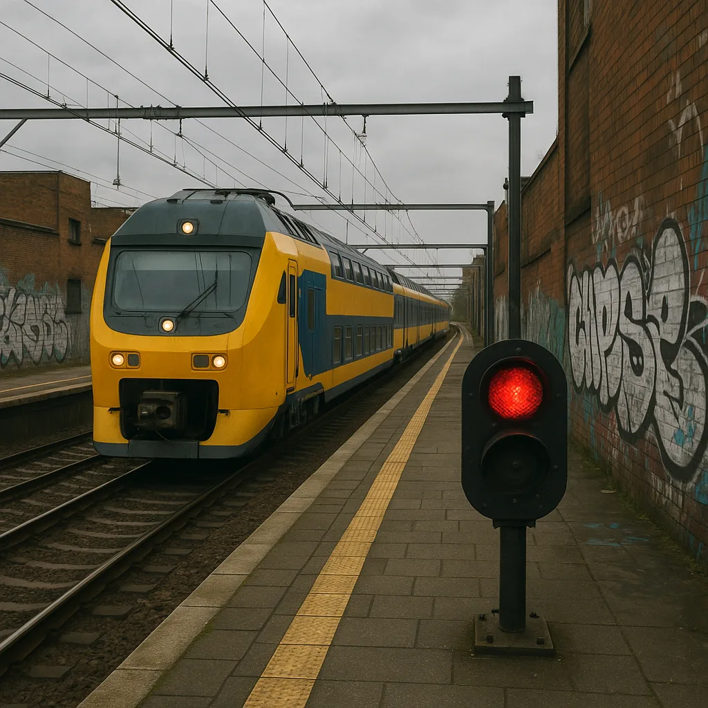 Yellow and Blue Commuter Train Approaches a Railway Platform