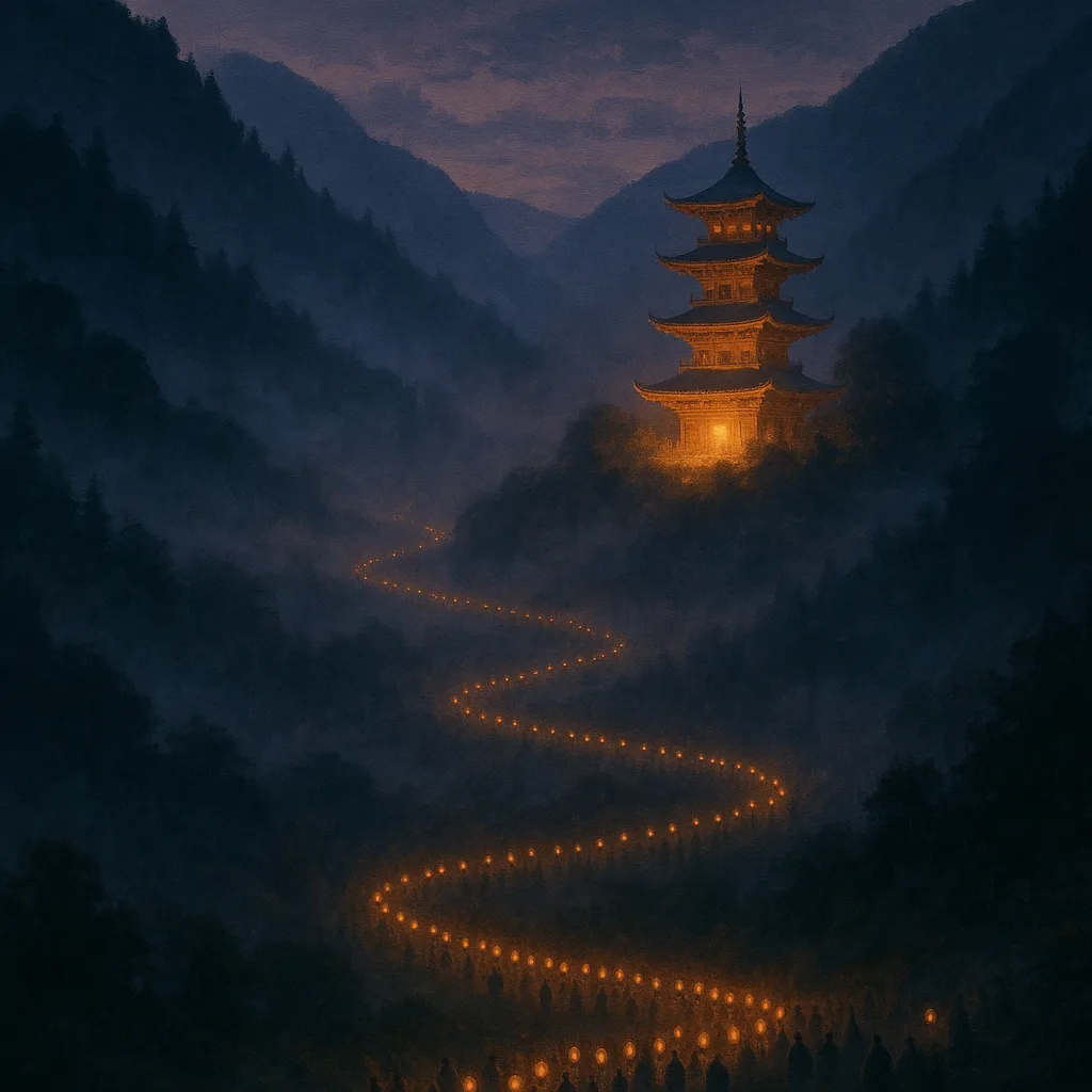 Winding Procession of Countless Lanterns Held by Distant Figures Snakes