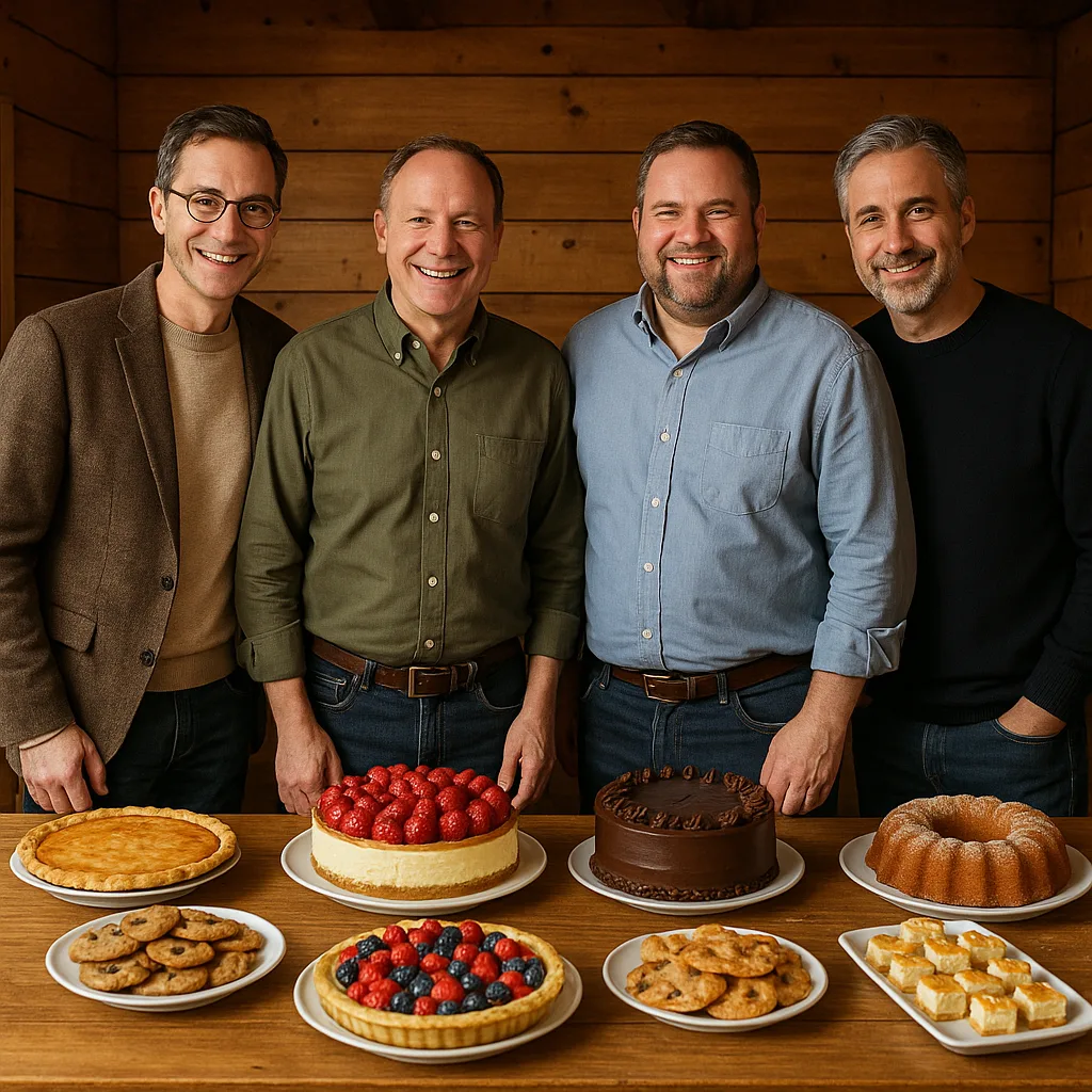 Four Men Stand Around a Table in a Wooden Room