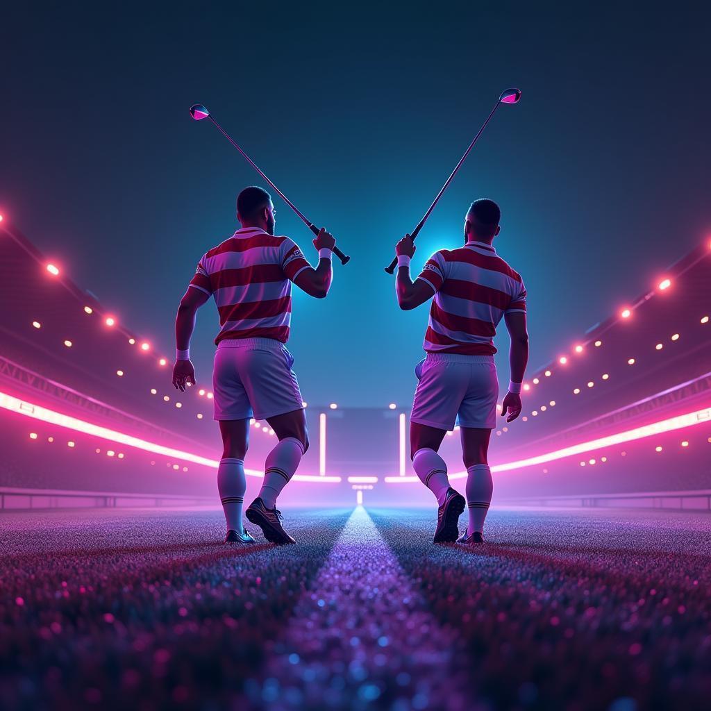 Neon Rugby Players Golfing on Holograms