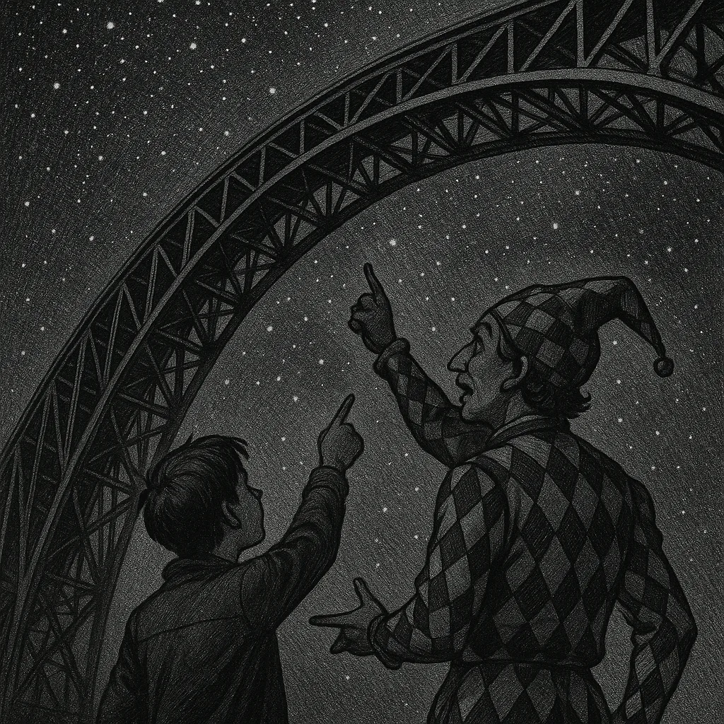 Teenager Aims Skyward as a Jester in Patterned Attire Gestures