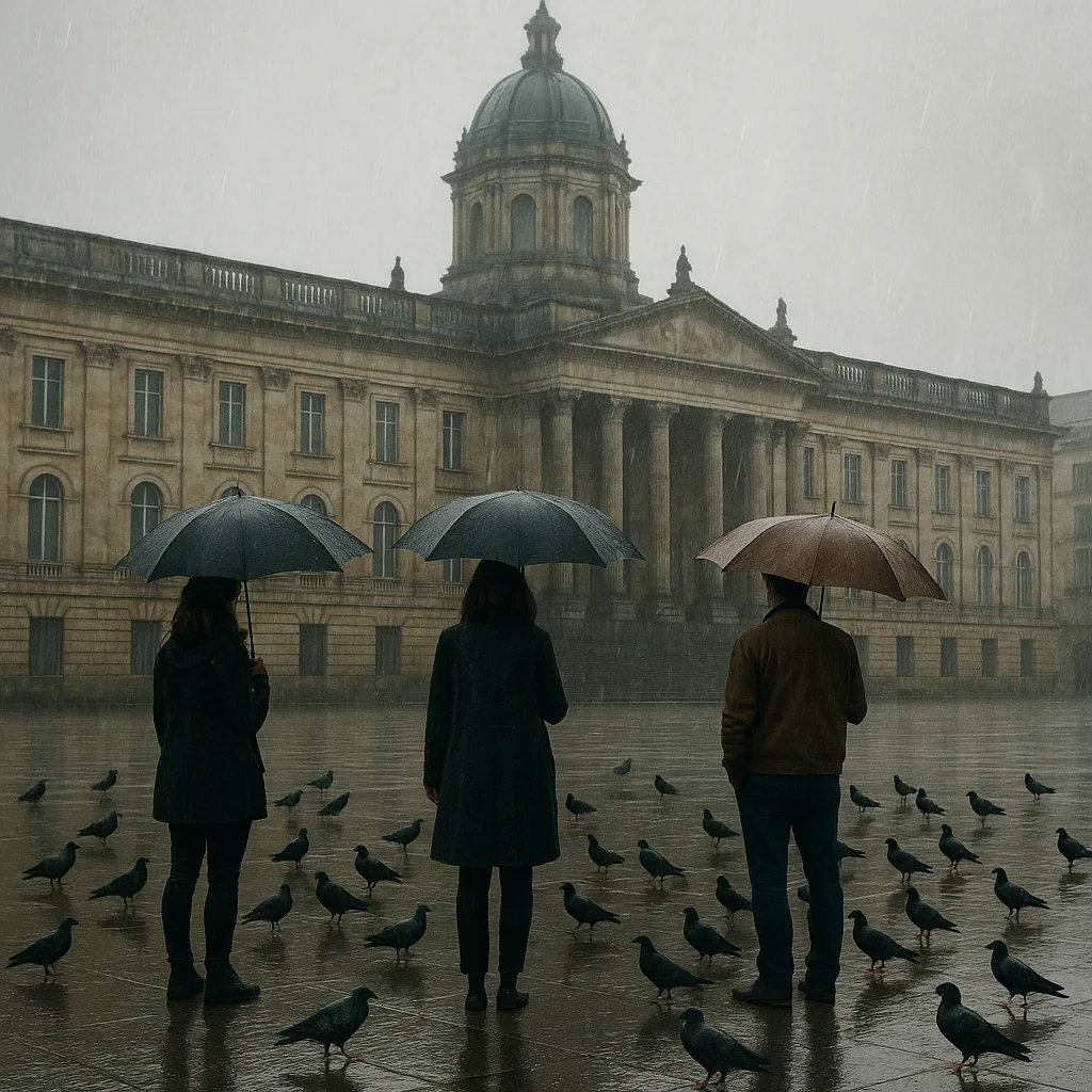 Three People Holding Umbrellas Stand on a Rainy Plaza