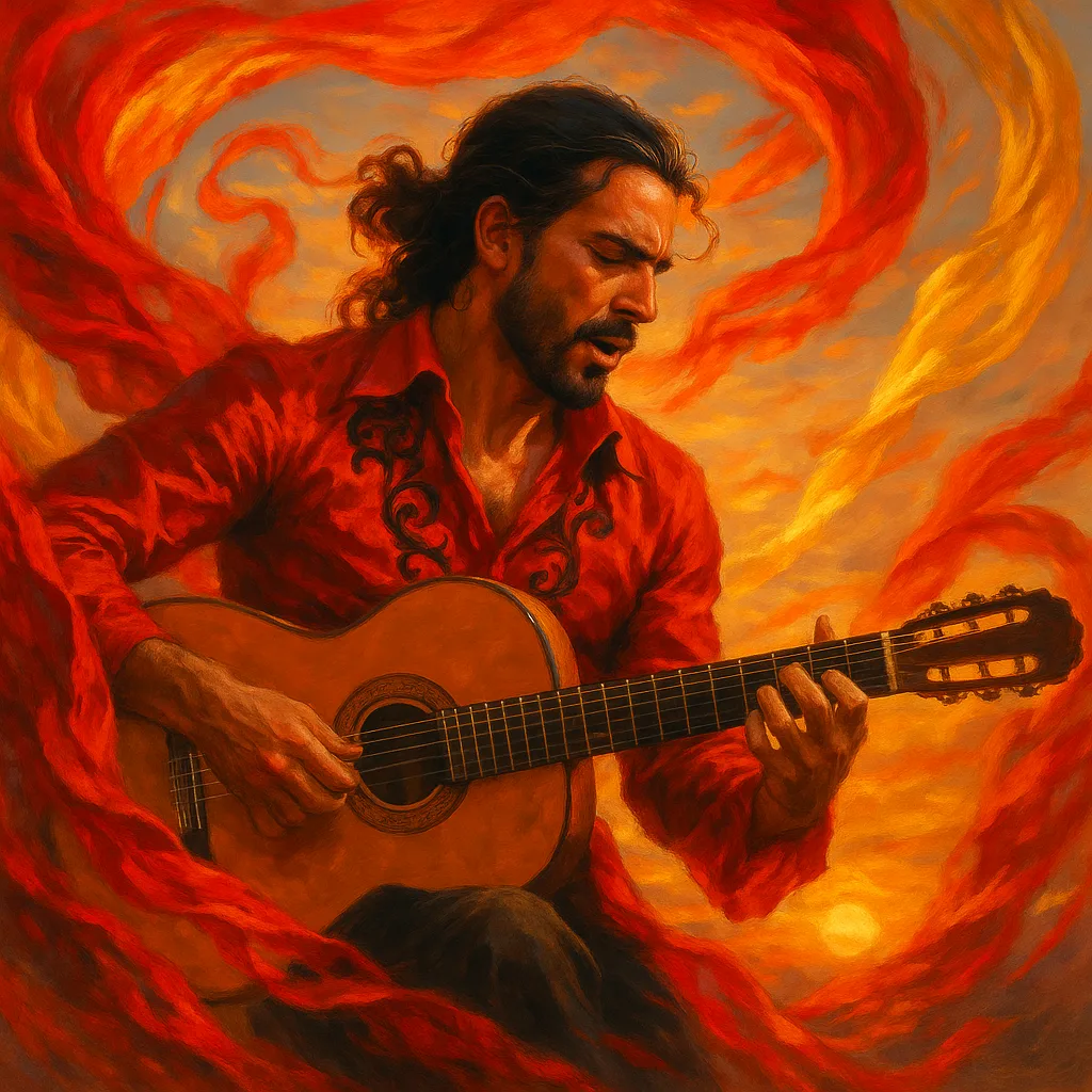 Passionate Flamenco Musician Playing Guitar Beneath the Glowing Hues