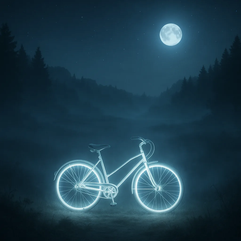 Serene Nocturnal Scene Showcasing a Shimmering Bicycle Enveloped by Fog