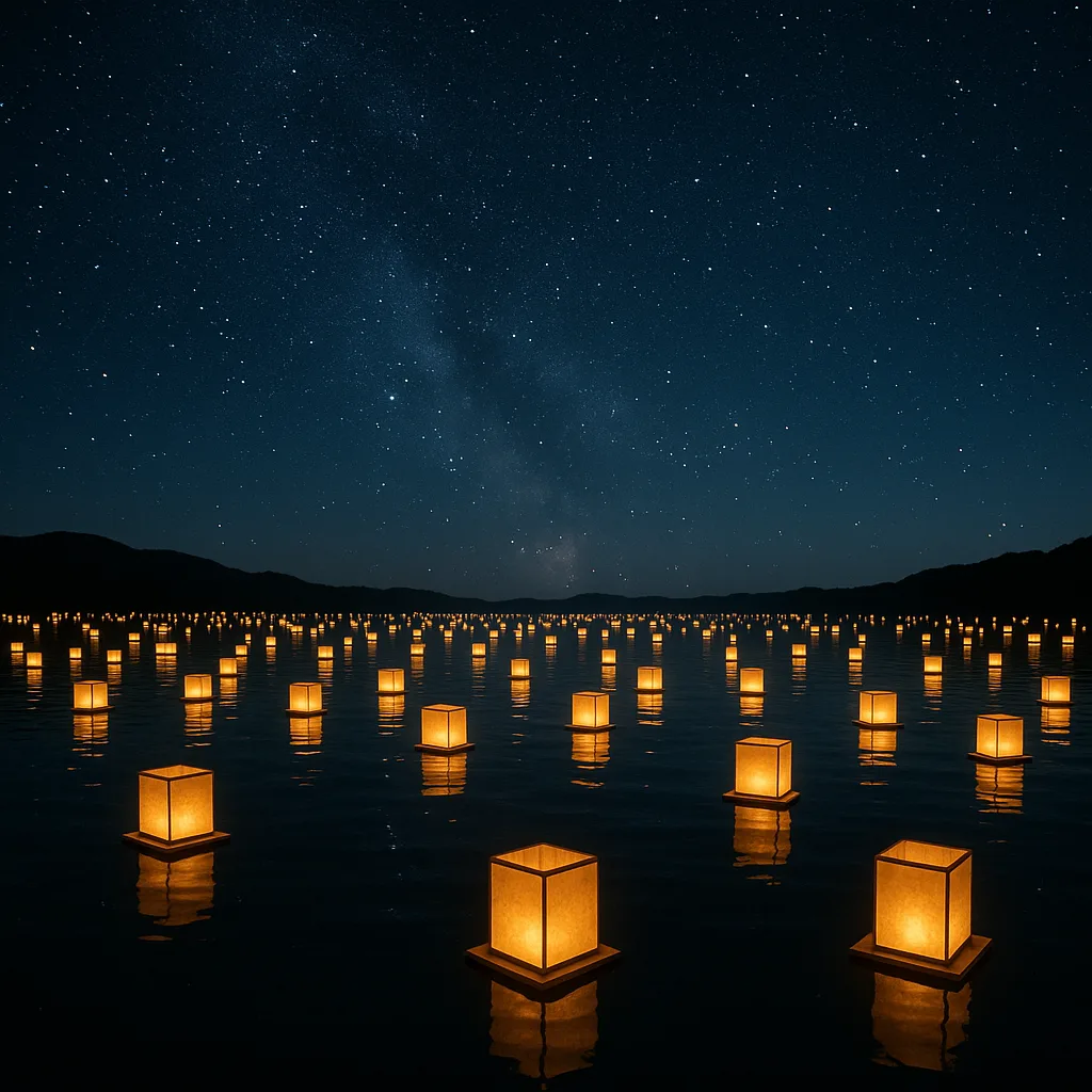 Innumerable Glowing Paper Lanterns Drift Slowly Across a Serene Lake