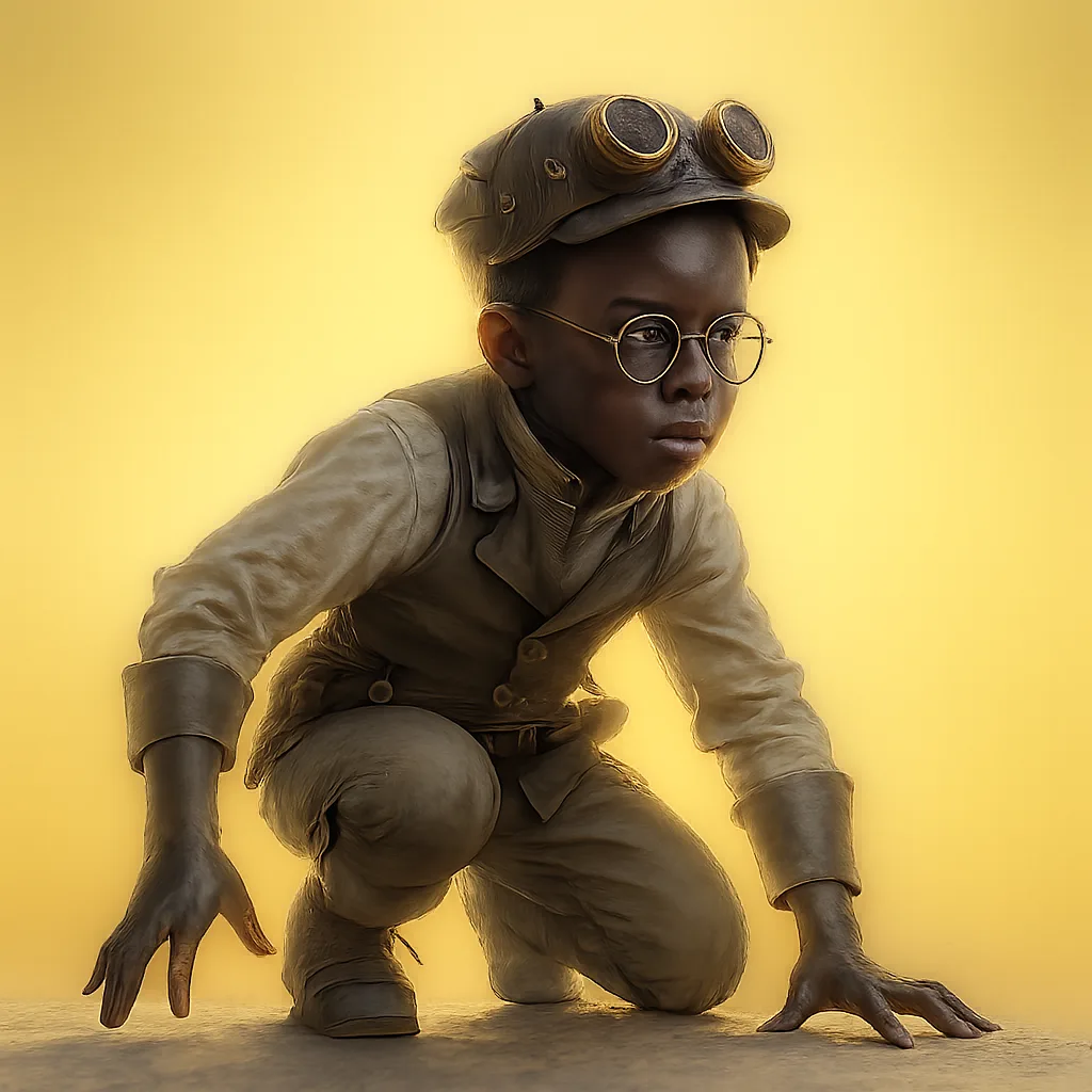 Ebony-skinned Child in a Stealthy Crouching Pose Low