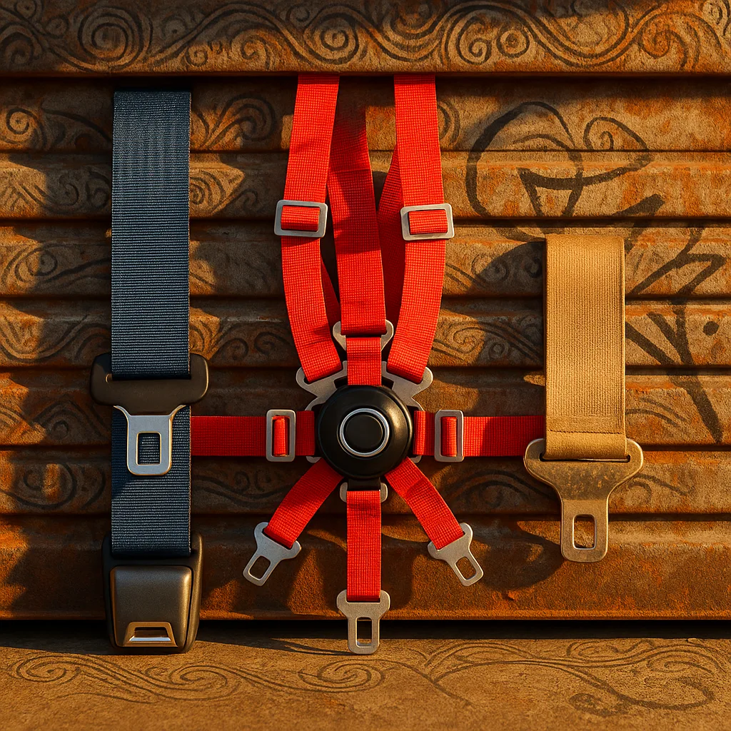 Three Distinct Seat Belts—a Classic Deep Blue Restraint of Standard
