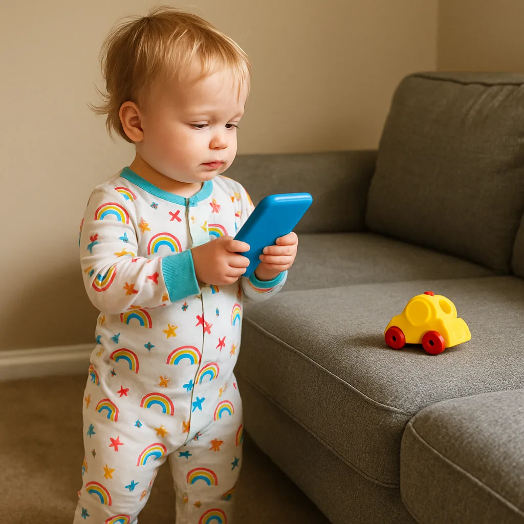 Child Wearing Patterned Pajamas Holds a Blue Object and Stands