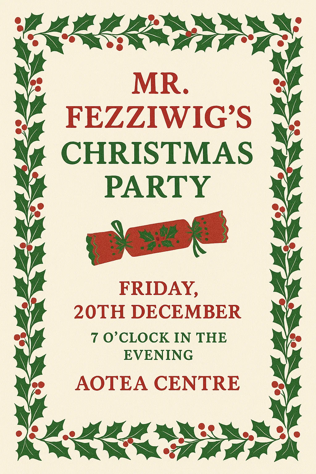 Festive Invitation to "Mr Fezziwig's Christmas Party" Featuring Holly Borders