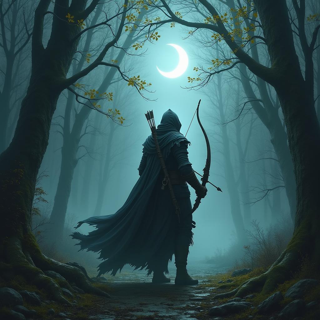 Leaf Cloaked Archer Under a Crescent Moon