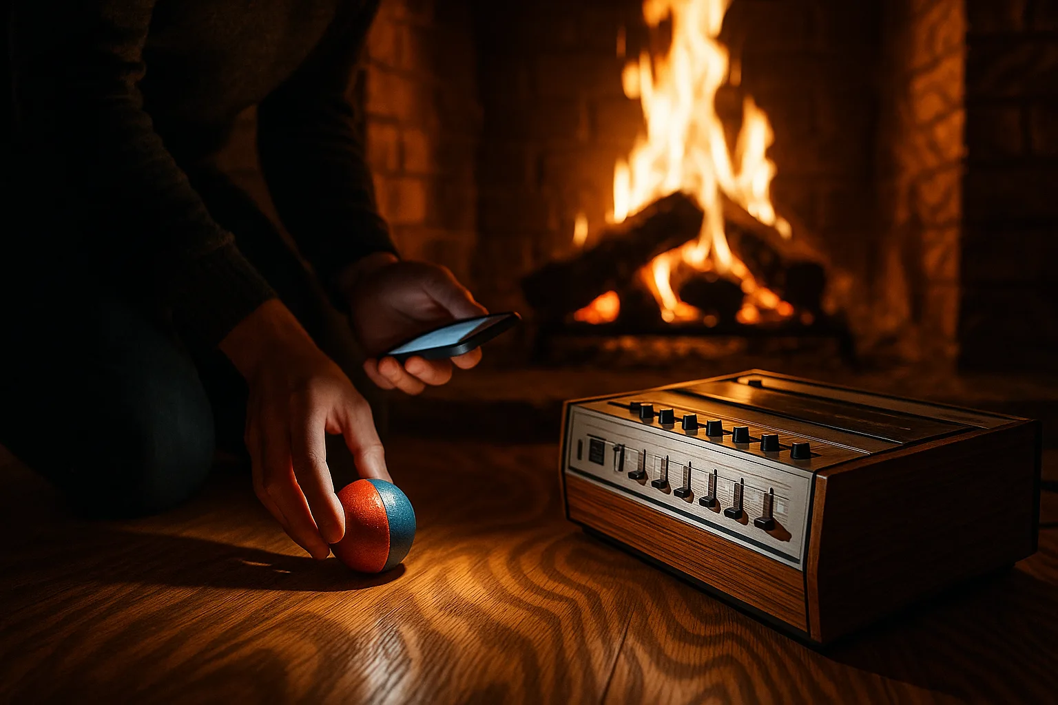 Kneeling by a Warm Fireplace