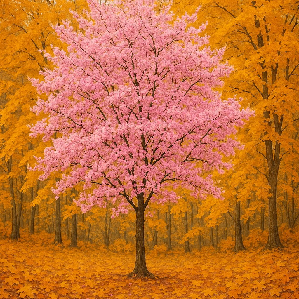 Tree Adorned with Cherry Blossoms Encircled by Autumn Leaves