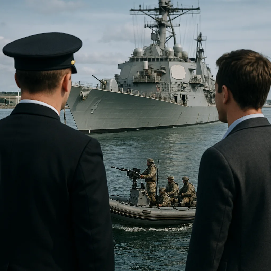 Naval Officer and a Civilian Observe a Small Military Boat
