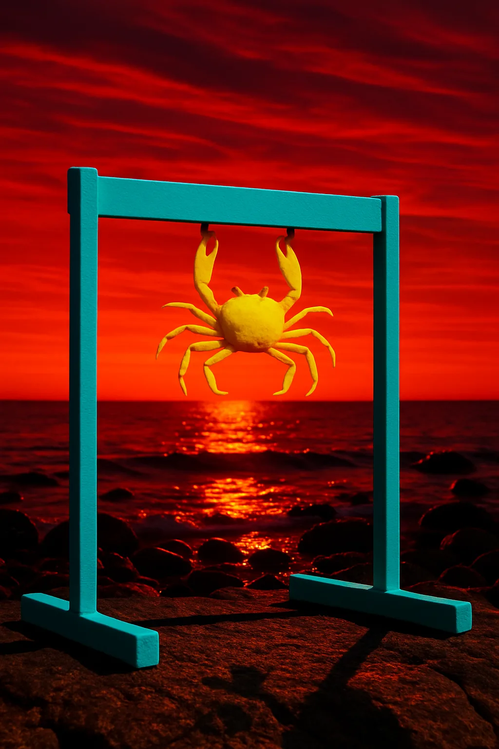 Striking Turquoise Hurdle Contrasts Vividly with a Blazing Crimson Sunset