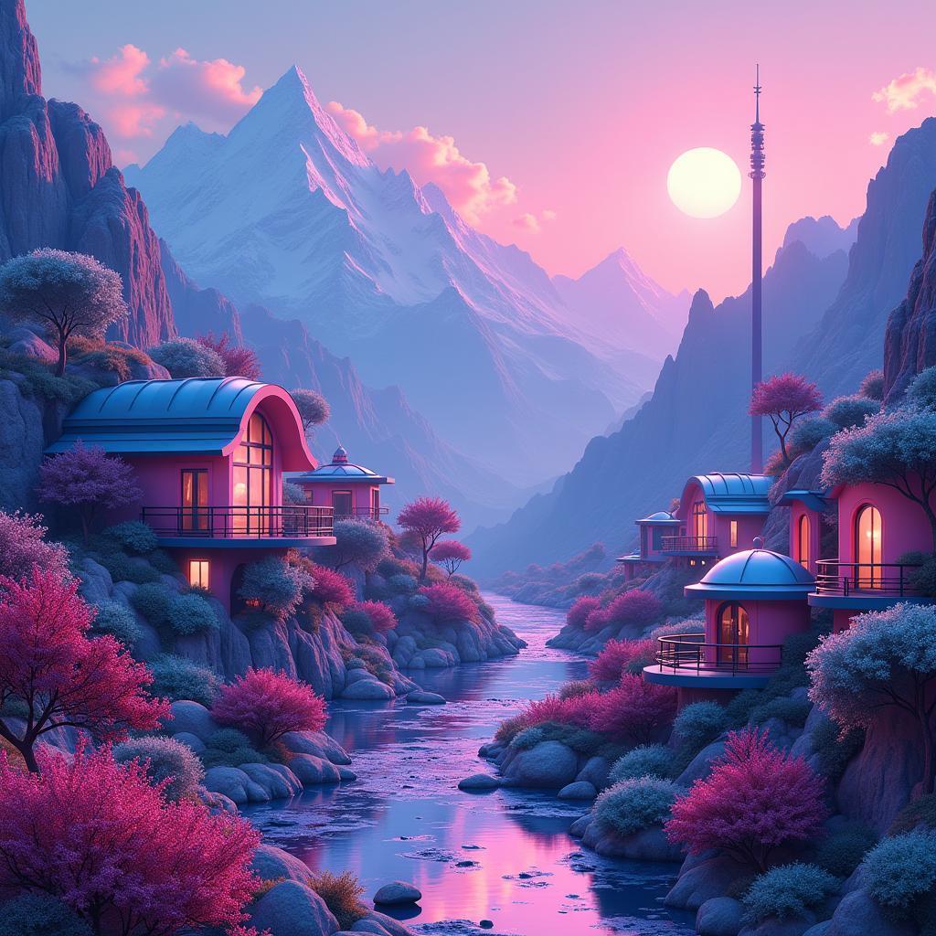 Retro Futuristic Village in Pink Neon